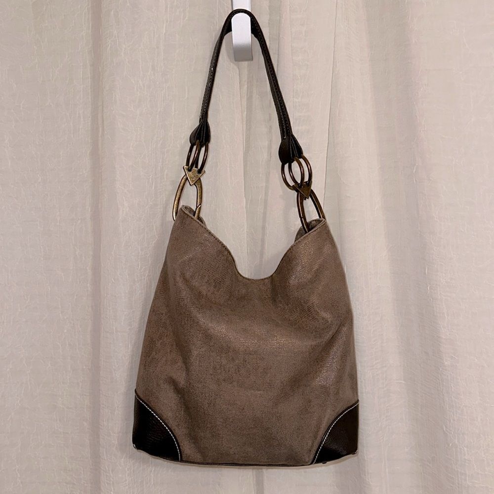Braciano Metallic Canvas Tan Brown Leather Combo Hobo Shoulder Bag Purse